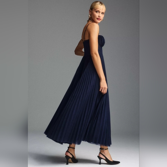 Anthropologie Hutch Amara Bustier Pleated Tulle Fit & Flare Midi Dress Navy 10 - Picture 4 of 8
